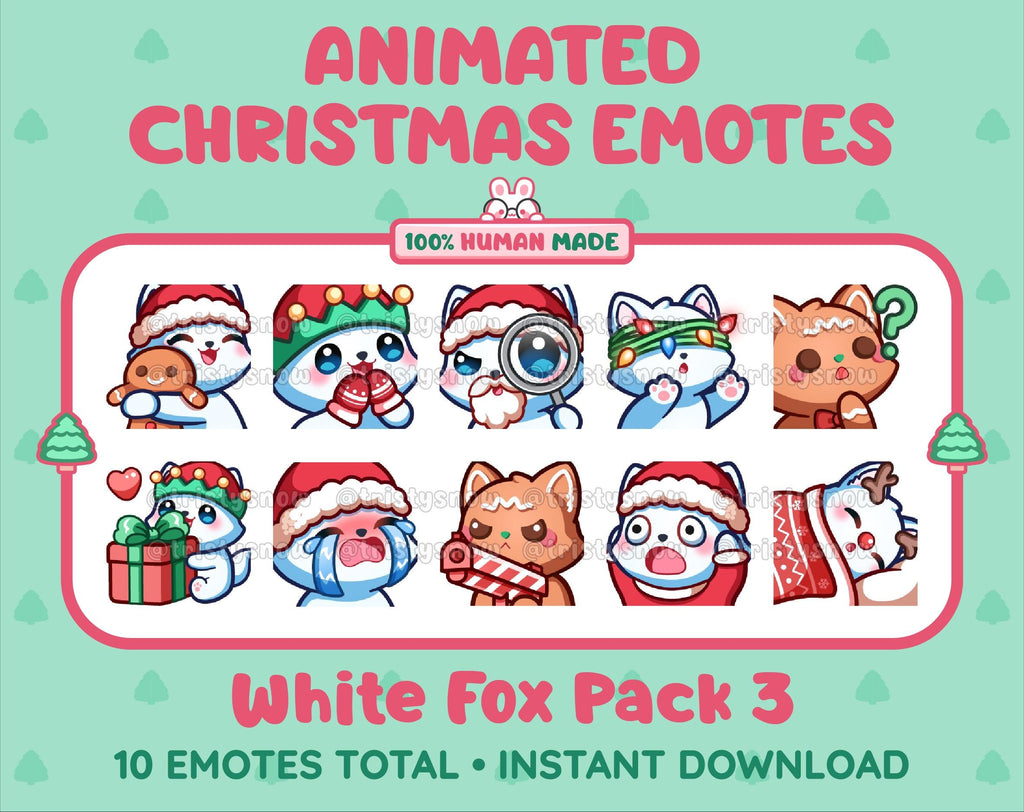 White Fox Christmas animated Twitch emote pack featuring 10 emotes including hug, sus, cry, and panic.