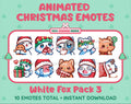 White Fox Christmas animated Twitch emote pack featuring 10 emotes including hug, sus, cry, and panic.