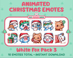 White Fox Christmas animated Twitch emote pack featuring 10 emotes including hug, sus, cry, and panic.