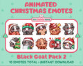 Black Goat Christmas animated Twitch emote pack featuring 10 emotes including cozy, bonk, lurk, and hype.