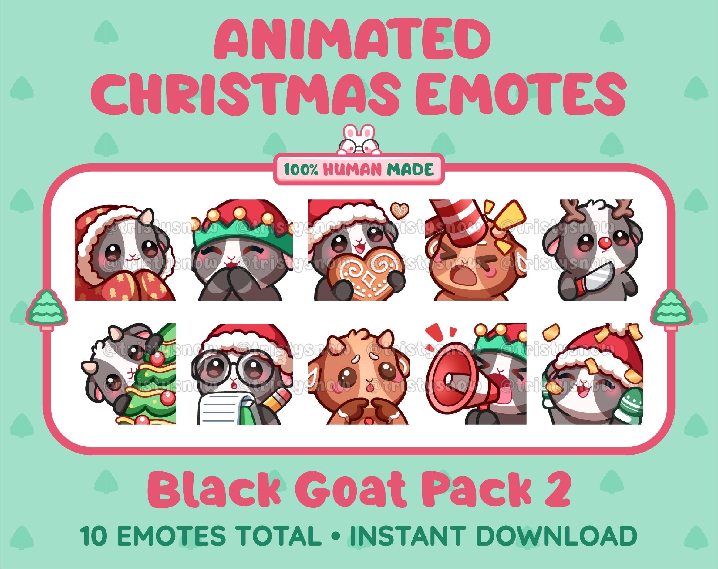 Black Goat Christmas animated Twitch emote pack featuring 10 emotes including cozy, bonk, lurk, and hype.