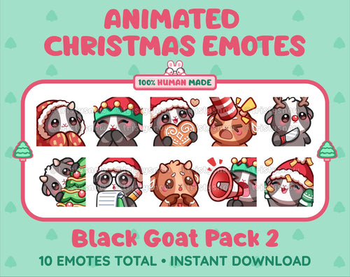 Black Goat Christmas animated Twitch emote pack featuring 10 emotes including cozy, bonk, lurk, and hype.