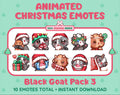 Black Goat Christmas animated Twitch emote pack featuring 10 emotes including hug, sus, cry, and panic.