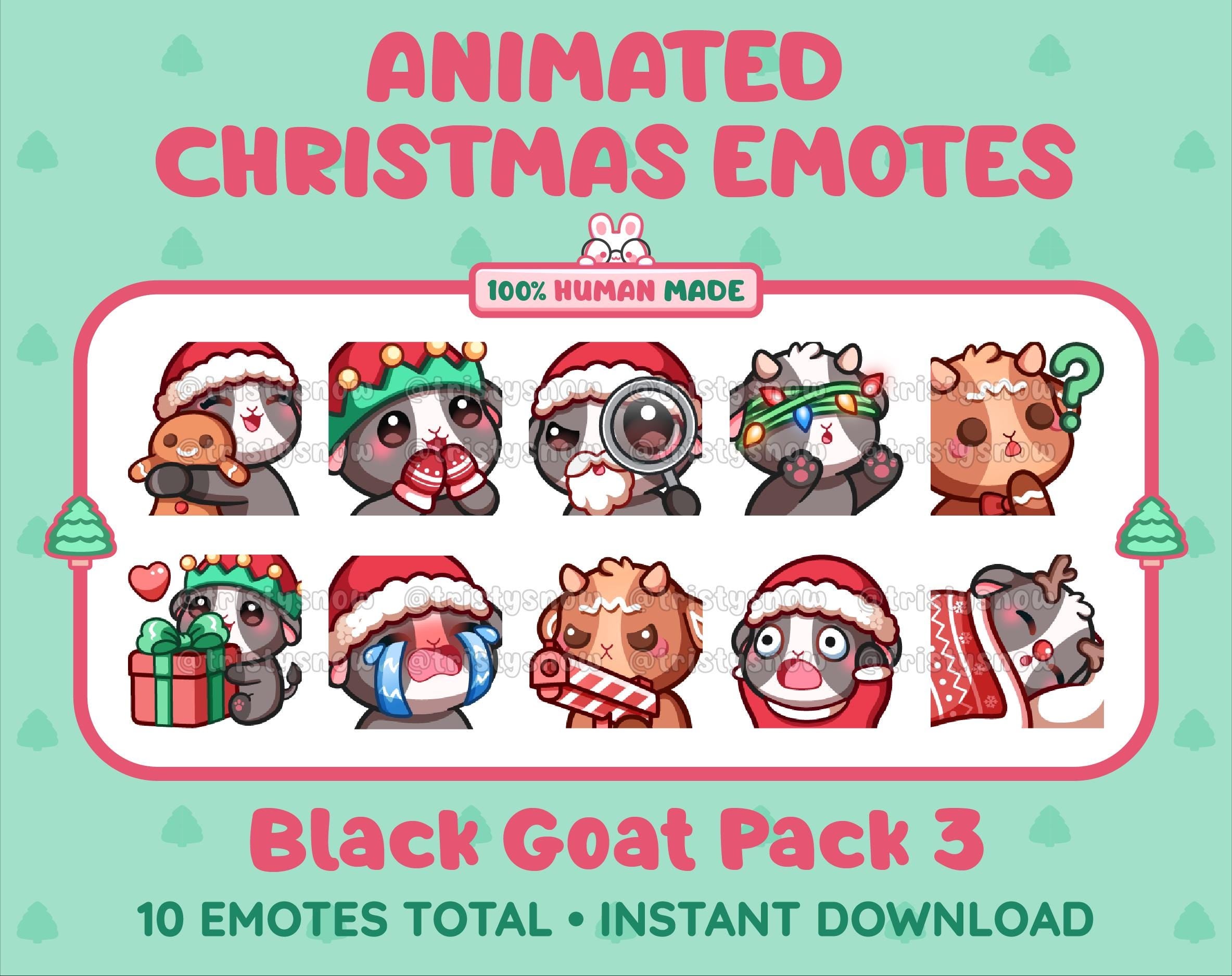 Black Goat Christmas animated Twitch emote pack featuring 10 emotes including hug, sus, cry, and panic.