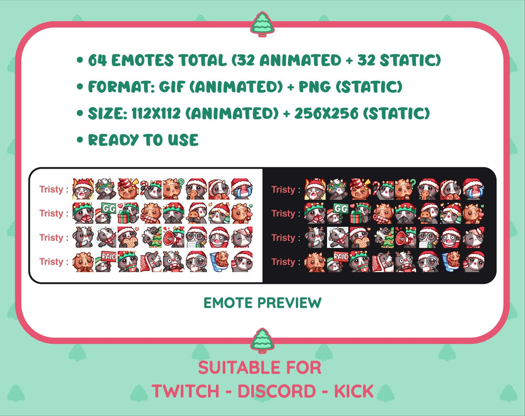 Black Goat Christmas animated Twitch emote mega pack preview displaying all 32 emotes with format and size information.