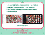 Black Goat Christmas animated Twitch emote mega pack preview displaying all 32 emotes with format and size information.