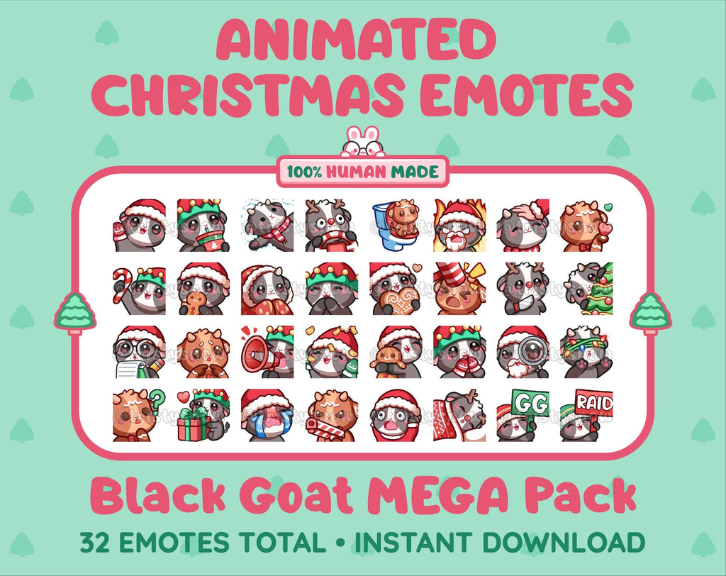 Black Goat Christmas animated Twitch emote mega pack featuring 32 emotes including hype, gift, candy, and cookie.