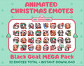Black Goat Christmas animated Twitch emote mega pack featuring 32 emotes including hype, gift, candy, and cookie.