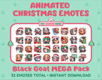Black Goat Christmas animated Twitch emote mega pack featuring 32 emotes including hype, gift, candy, and cookie.