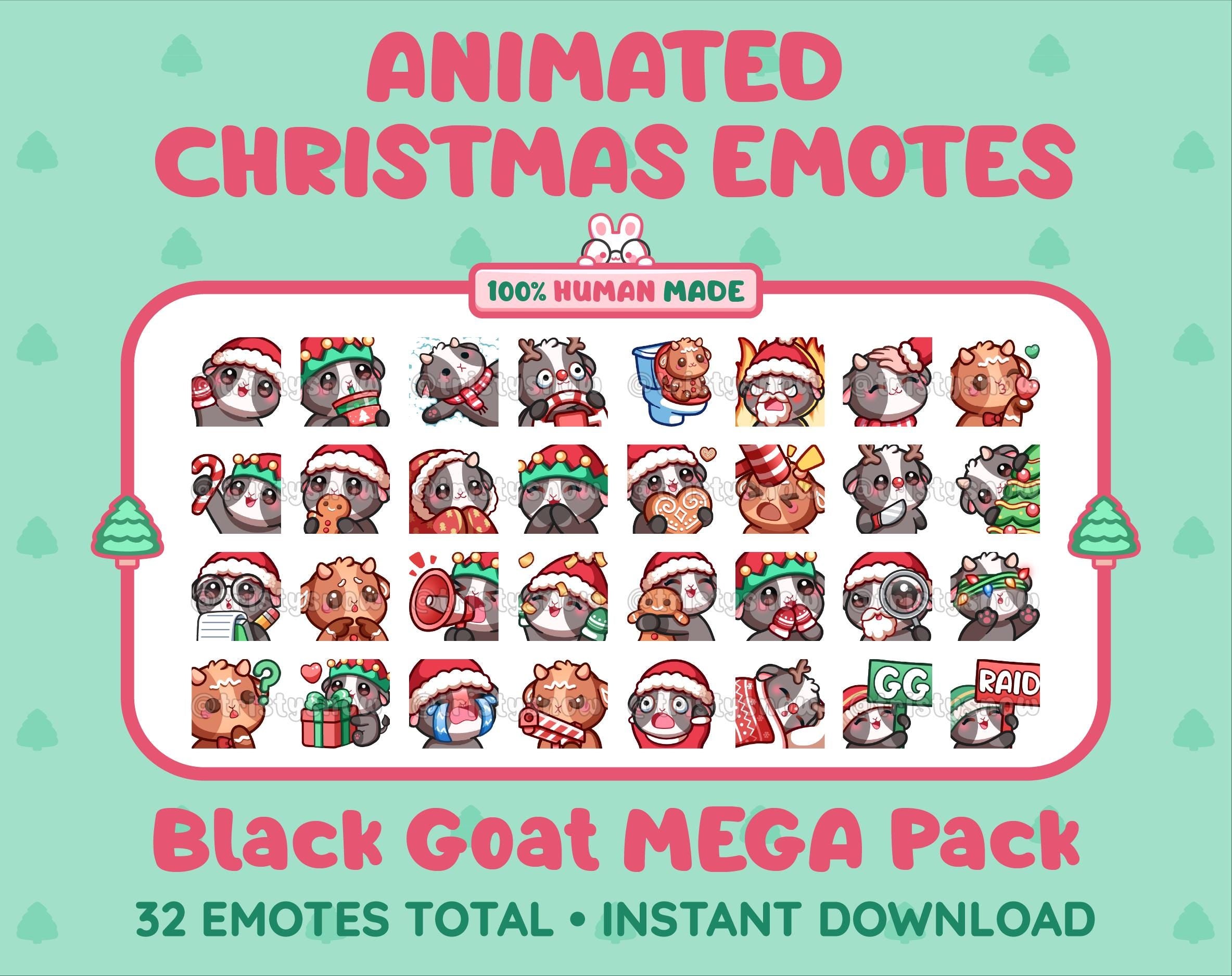 Black Goat Christmas animated Twitch emote mega pack featuring 32 emotes including hype, gift, candy, and cookie.