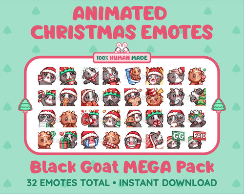 Black Goat Christmas animated Twitch emote mega pack featuring 32 emotes including hype, gift, candy, and cookie.