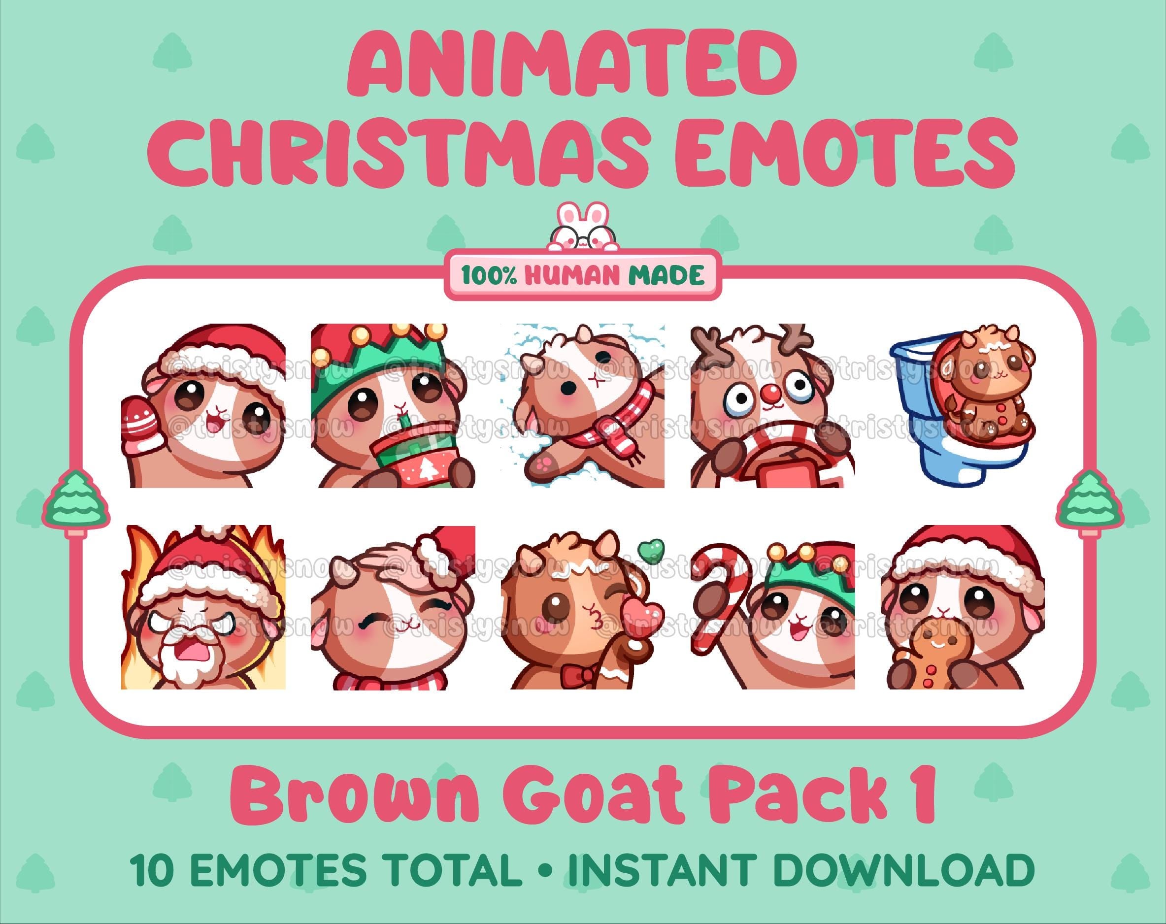 Brown Goat Christmas animated Twitch emote pack featuring 10 emotes including angry, kiss, candy, and cookie.