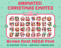 Brown Goat Christmas animated Twitch emote mega pack featuring 32 emotes including hype, gift, candy, and cookie.