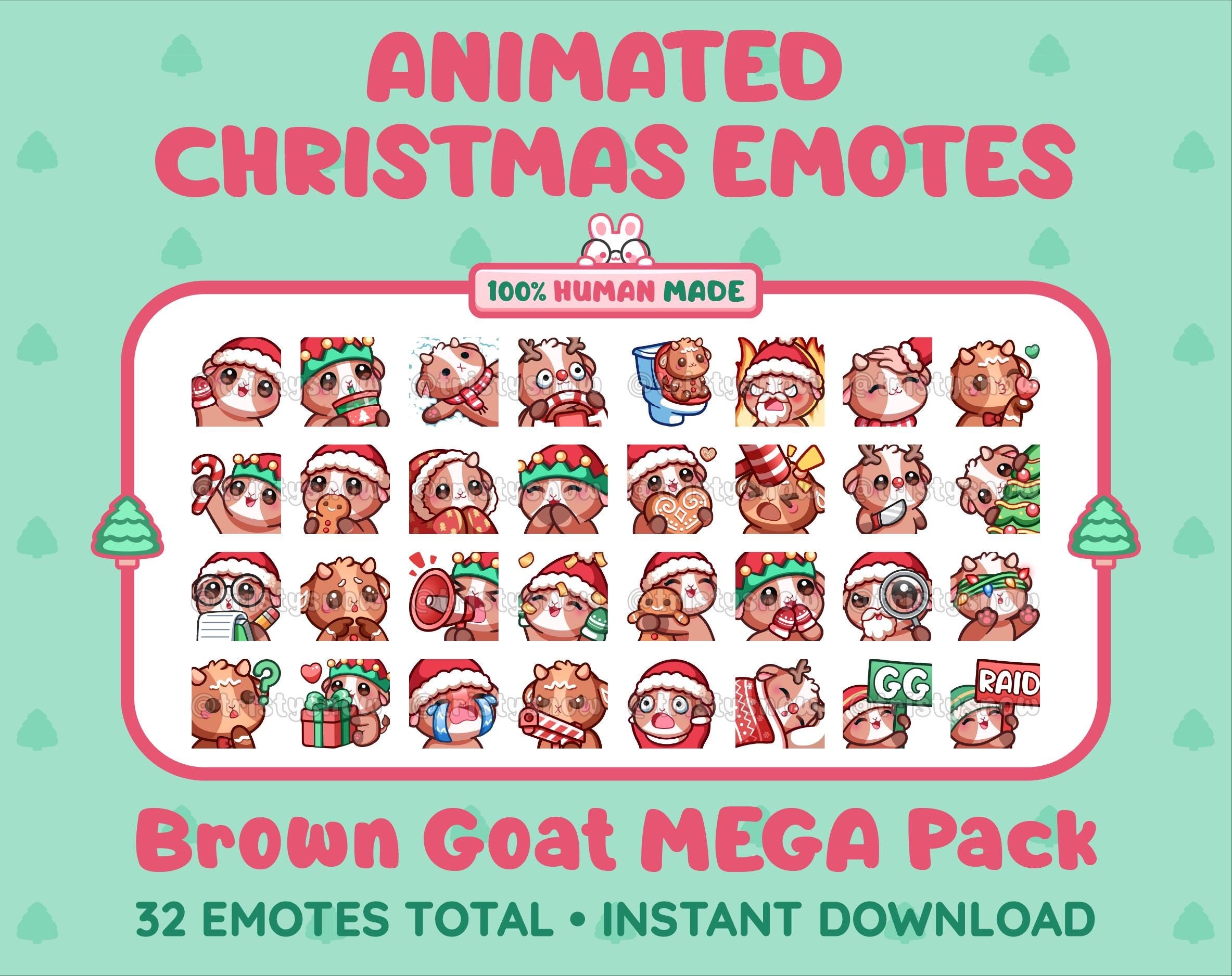 Brown Goat Christmas animated Twitch emote mega pack featuring 32 emotes including hype, gift, candy, and cookie.