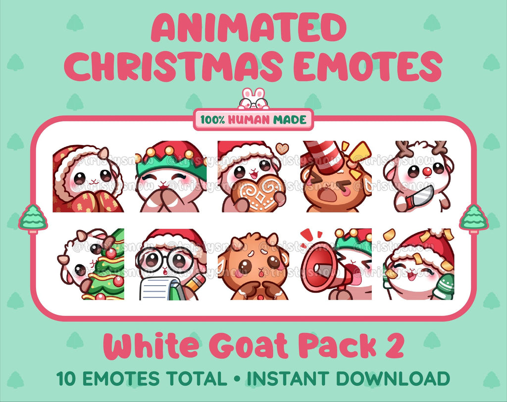 White Goat Christmas animated Twitch emote pack featuring 10 emotes including cozy, bonk, lurk, and hype.