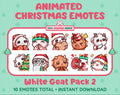 White Goat Christmas animated Twitch emote pack featuring 10 emotes including cozy, bonk, lurk, and hype.