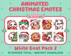 White Goat Christmas animated Twitch emote pack featuring 10 emotes including cozy, bonk, lurk, and hype.