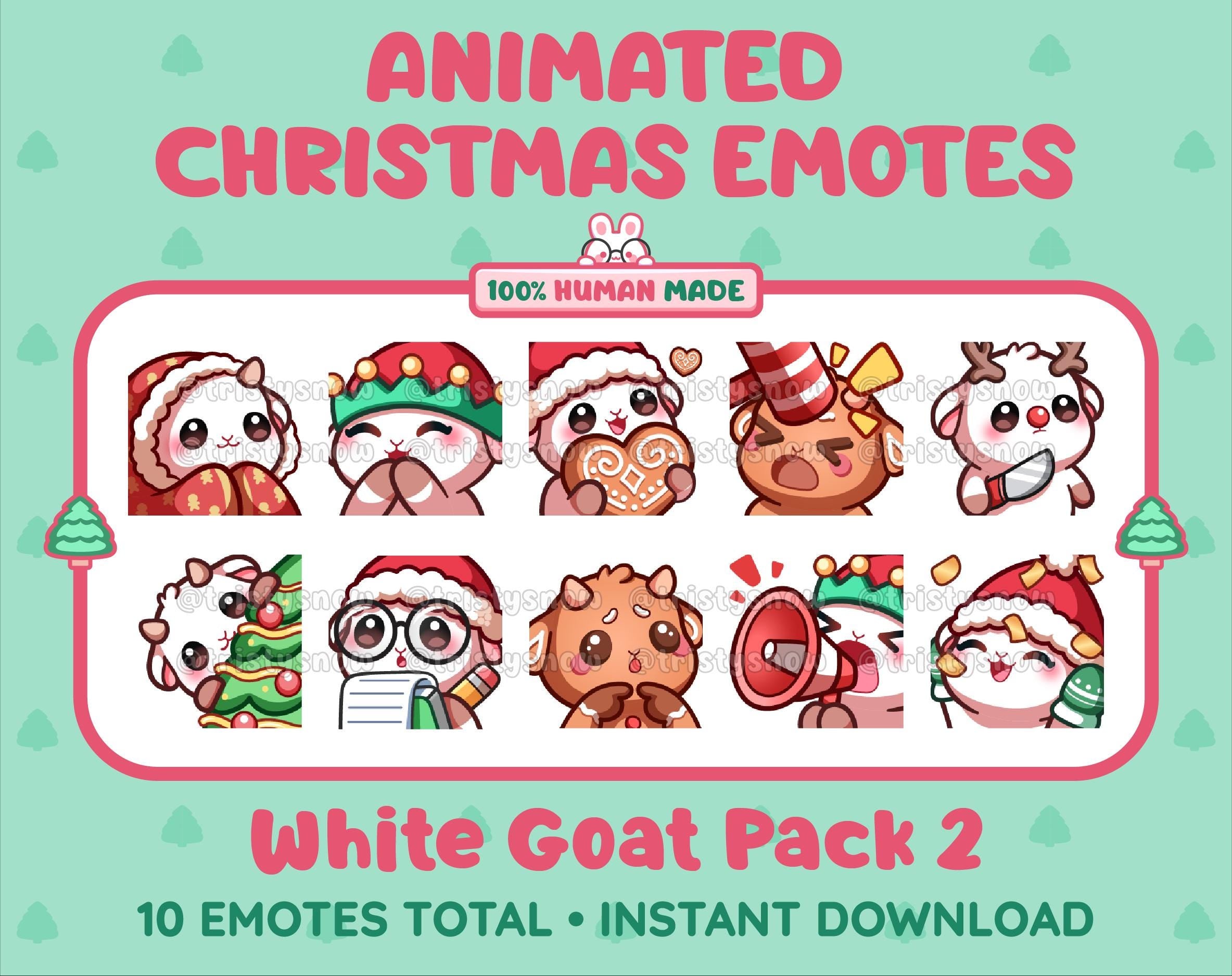 White Goat Christmas animated Twitch emote pack featuring 10 emotes including cozy, bonk, lurk, and hype.