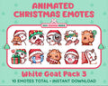 White Goat Christmas animated Twitch emote pack featuring 10 emotes including hug, sus, cry, and panic.