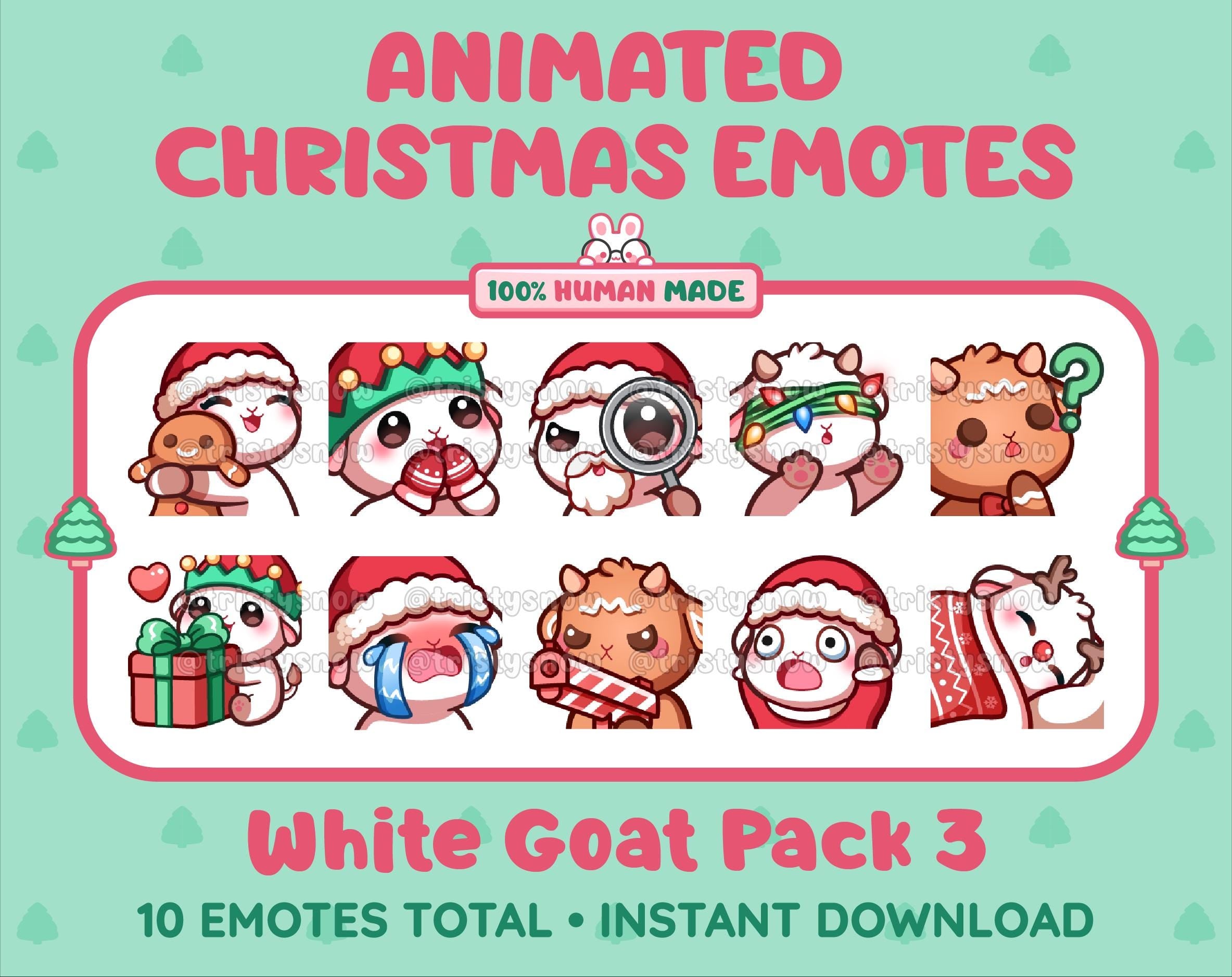 White Goat Christmas animated Twitch emote pack featuring 10 emotes including hug, sus, cry, and panic.