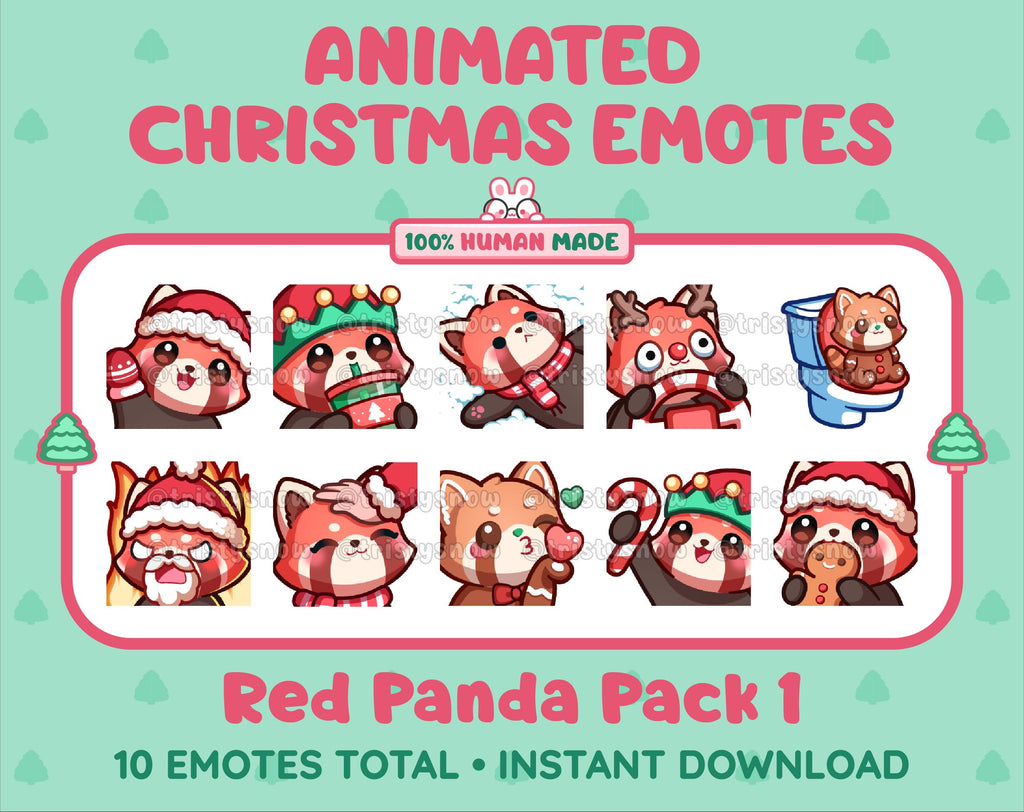 Red Panda Christmas animated Twitch emote pack featuring 10 emotes including angry, kiss, candy, and cookie.