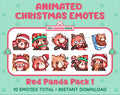 Red Panda Christmas animated Twitch emote pack featuring 10 emotes including angry, kiss, candy, and cookie.