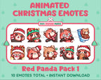 Red Panda Christmas animated Twitch emote pack featuring 10 emotes including angry, kiss, candy, and cookie.