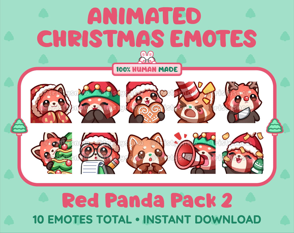 Red Panda Christmas animated Twitch emote pack featuring 10 emotes including cozy, bonk, lurk, and hype.