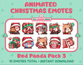 Red Panda Christmas animated Twitch emote pack featuring 10 emotes including hug, sus, cry, and panic.