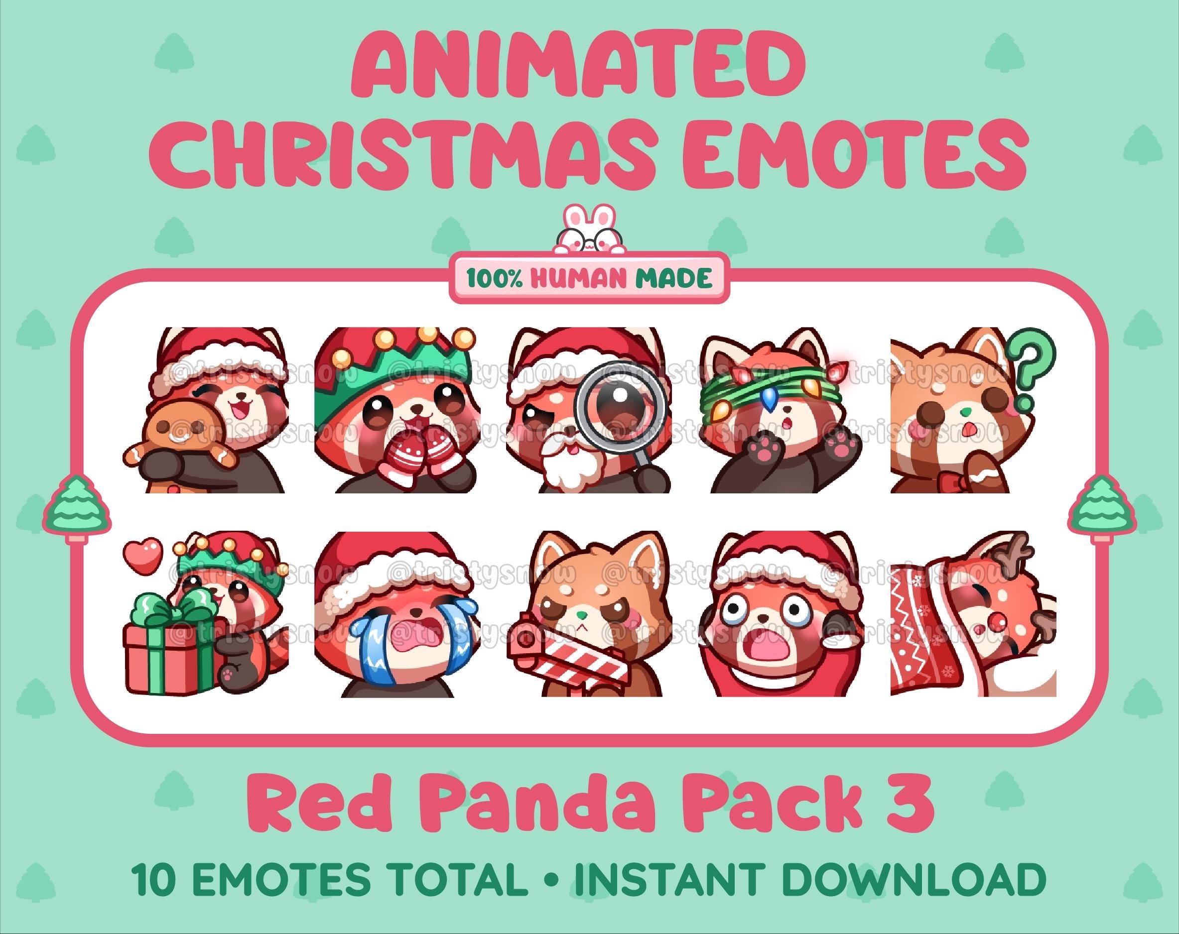 Red Panda Christmas animated Twitch emote pack featuring 10 emotes including hug, sus, cry, and panic.