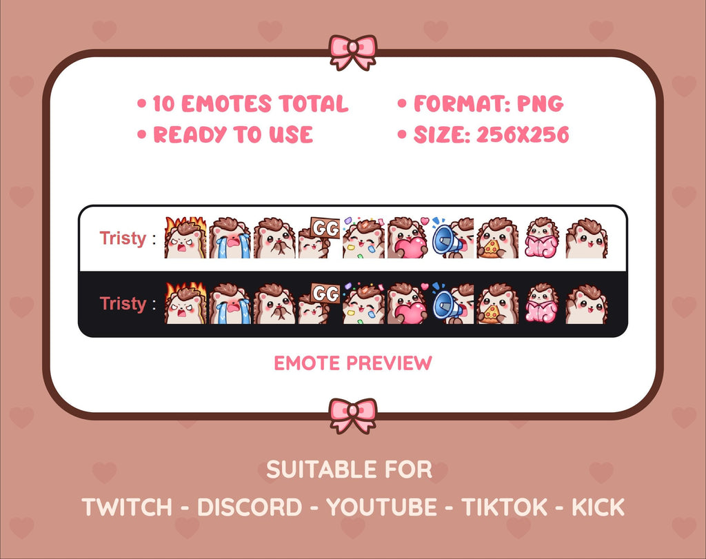 Hedgehog Twitch emote pack preview displaying all 10 emotes with format and size information.