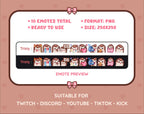 Hedgehog Twitch emote pack preview displaying all 10 emotes with format and size information.