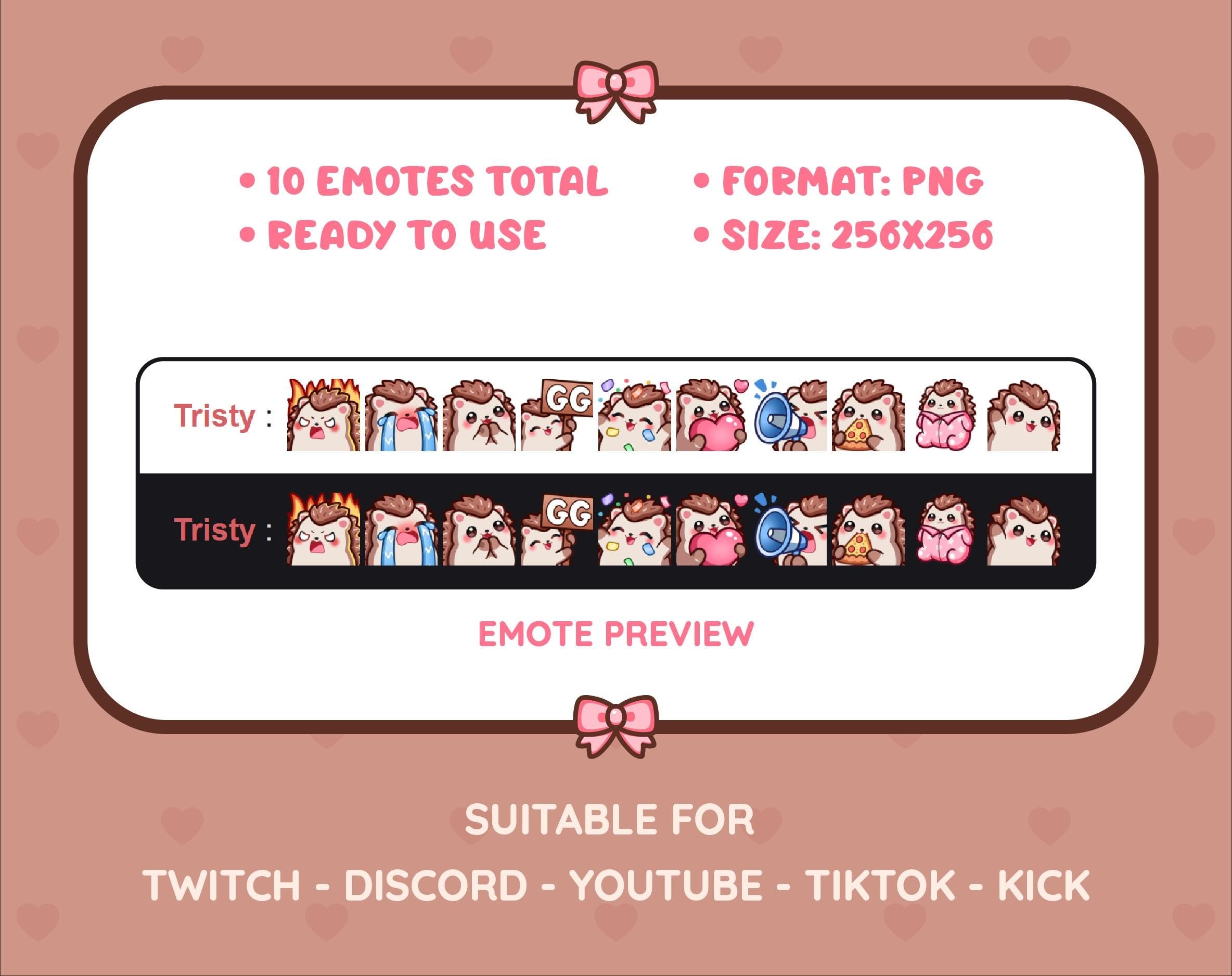 Hedgehog Twitch emote pack preview displaying all 10 emotes with format and size information.