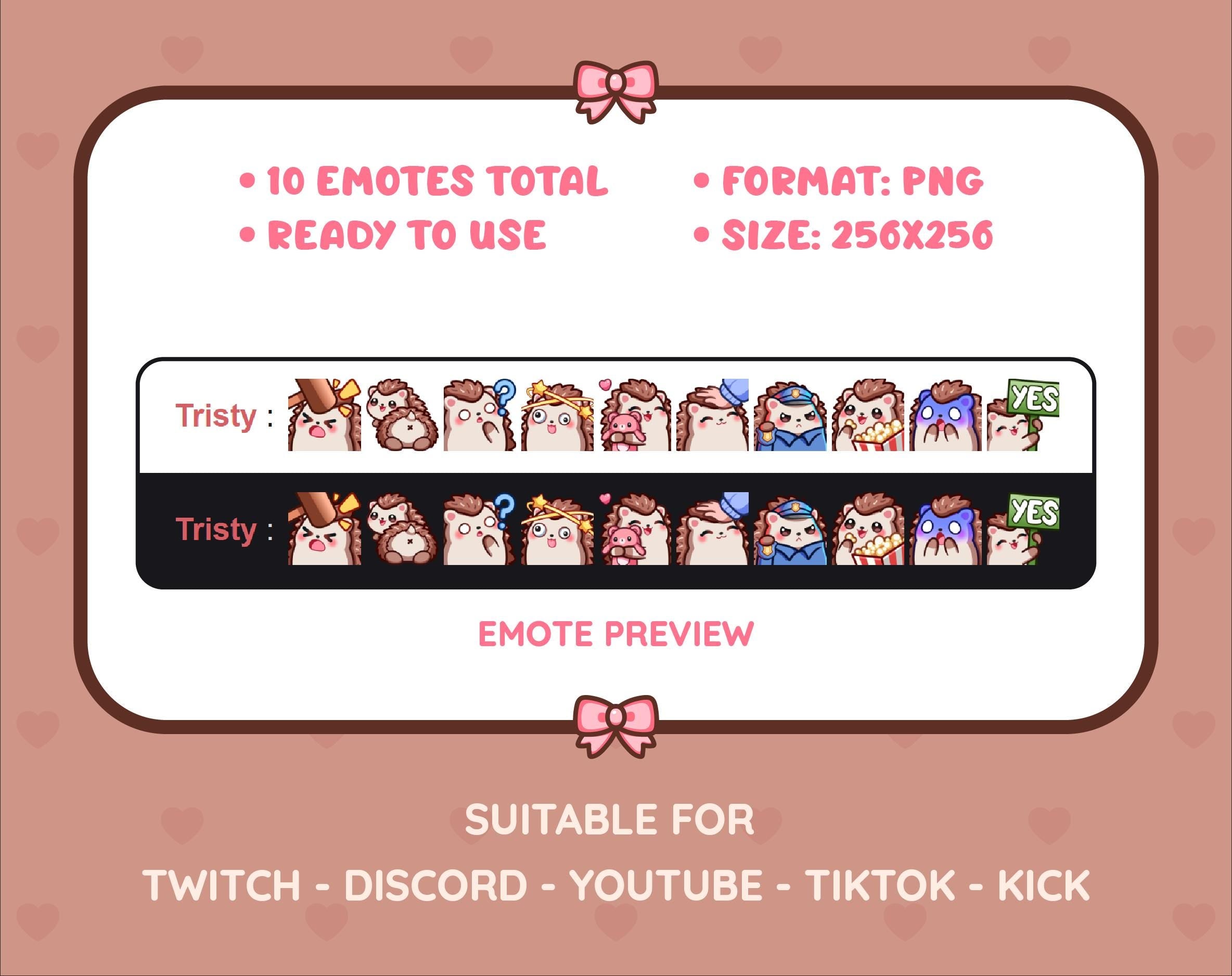 Hedgehog Twitch emote pack preview displaying all 10 emotes with format and size information.
