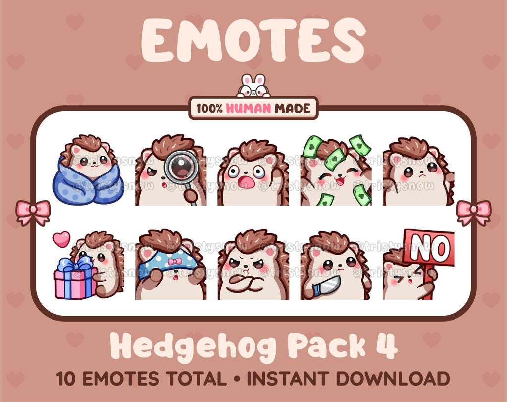 Hedgehog Twitch emote pack featuring 10 emotes including cozy, sus, panic, and shrug.