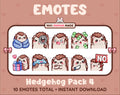 Hedgehog Twitch emote pack featuring 10 emotes including cozy, sus, panic, and shrug.