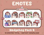 Hedgehog Twitch emote pack featuring 10 emotes including cozy, sus, panic, and shrug.