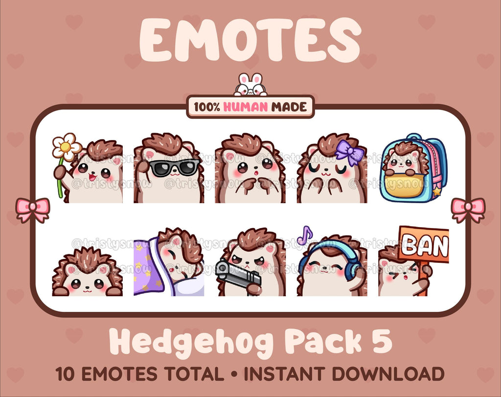 Hedgehog Twitch emote pack featuring 10 emotes including flower, cool, plead, and lurk.