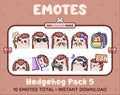 Hedgehog Twitch emote pack featuring 10 emotes including flower, cool, plead, and lurk.