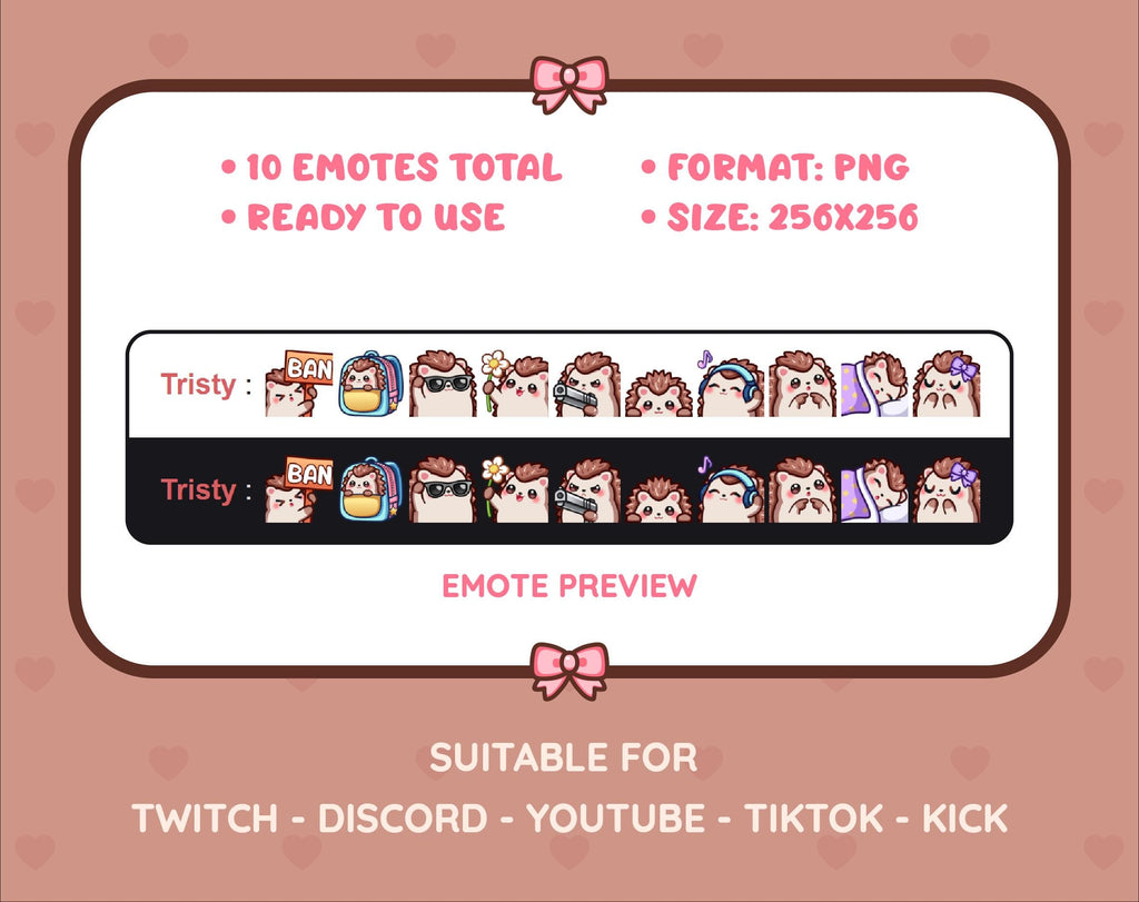 Hedgehog Twitch emote pack preview displaying all 10 emotes with format and size information.