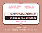 Hedgehog Twitch emote pack preview displaying all 10 emotes with format and size information.