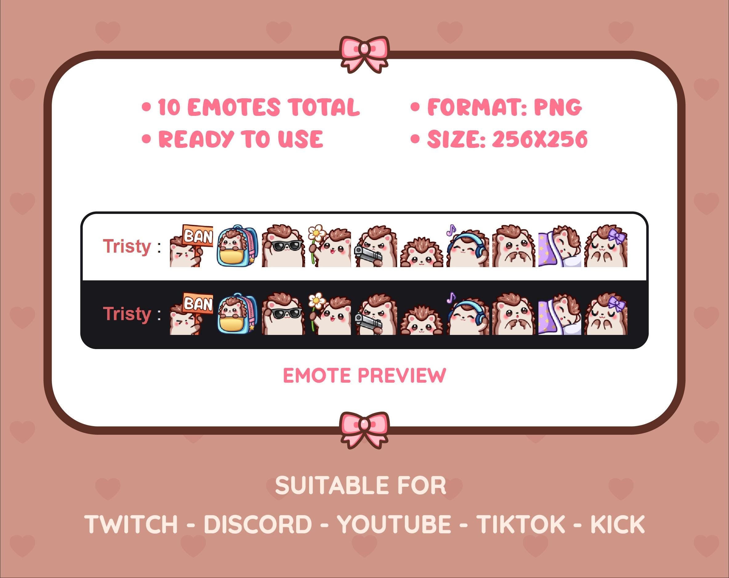 Hedgehog Twitch emote pack preview displaying all 10 emotes with format and size information.