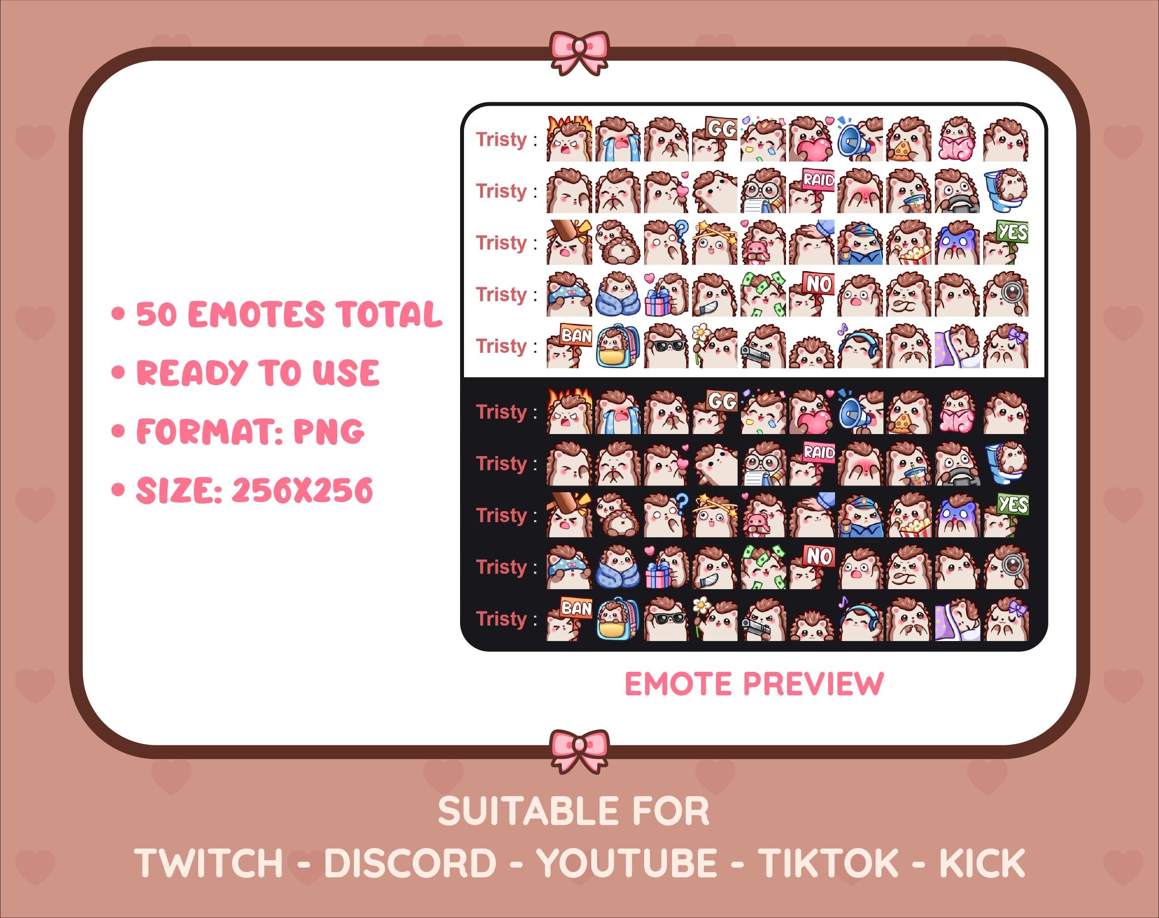 Hedgehog Twitch emote mega pack preview displaying all 50 emotes with format and size information.
