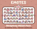 Hedgehog Twitch emote mega pack featuring 50 emotes including hype, kiss, raid, and lurk.