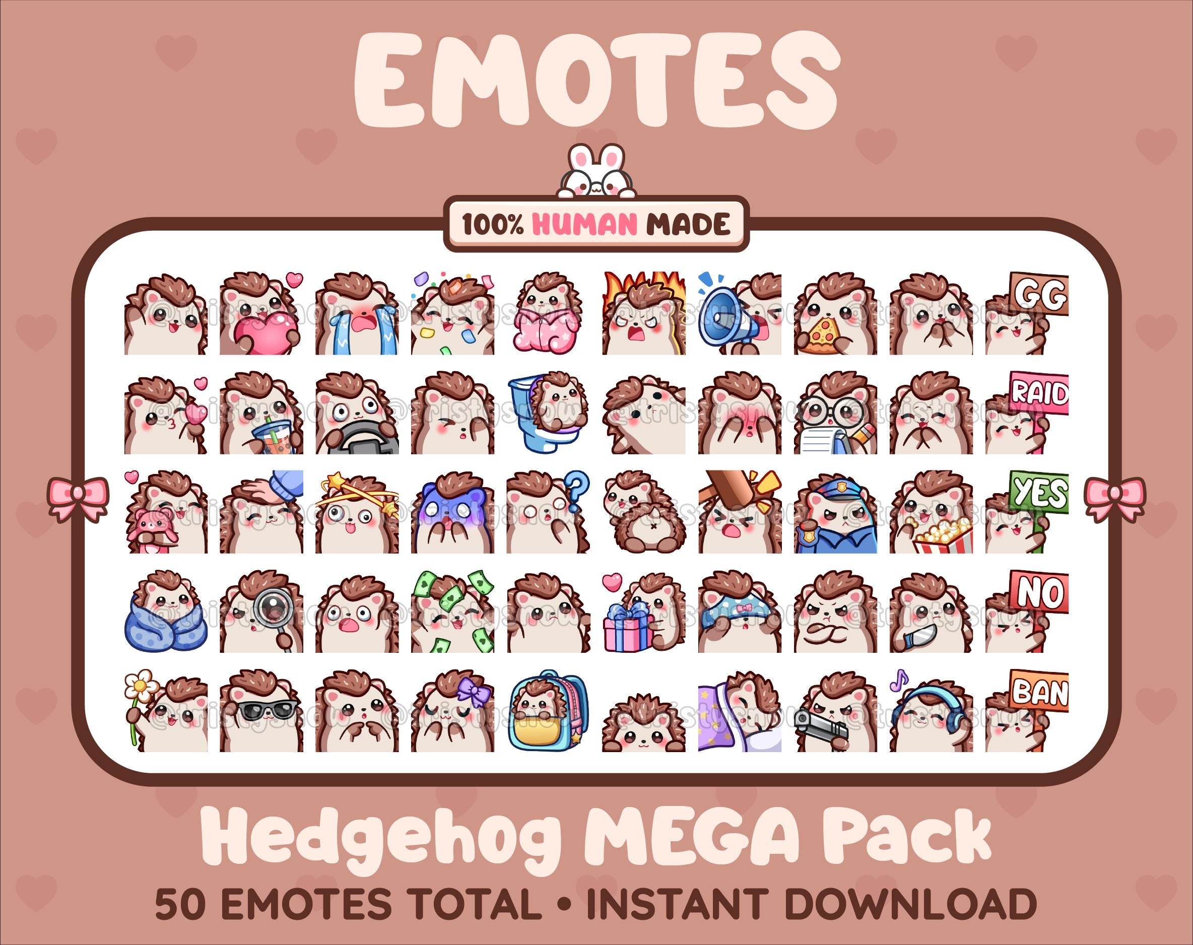 Hedgehog Twitch emote mega pack featuring 50 emotes including hype, kiss, raid, and lurk.