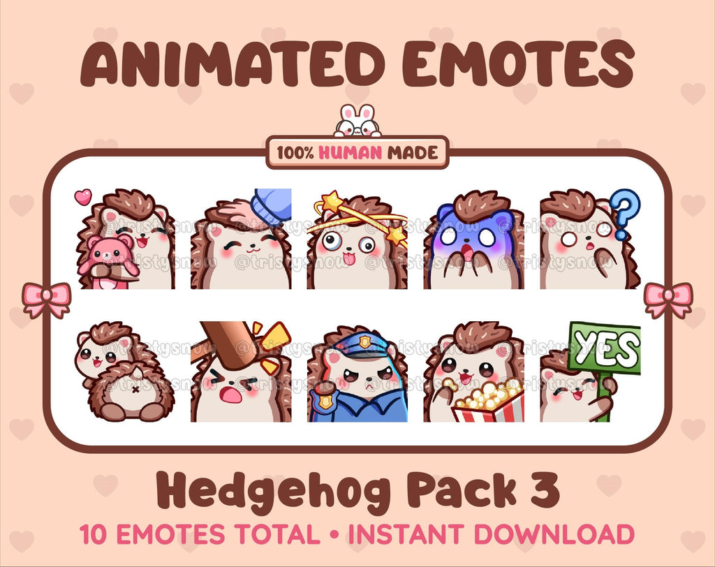 Hedgehog animated Twitch emote pack featuring 10 emotes including hug, scared, bonk, and popcorn.