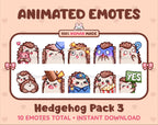 Hedgehog animated Twitch emote pack featuring 10 emotes including hug, scared, bonk, and popcorn.