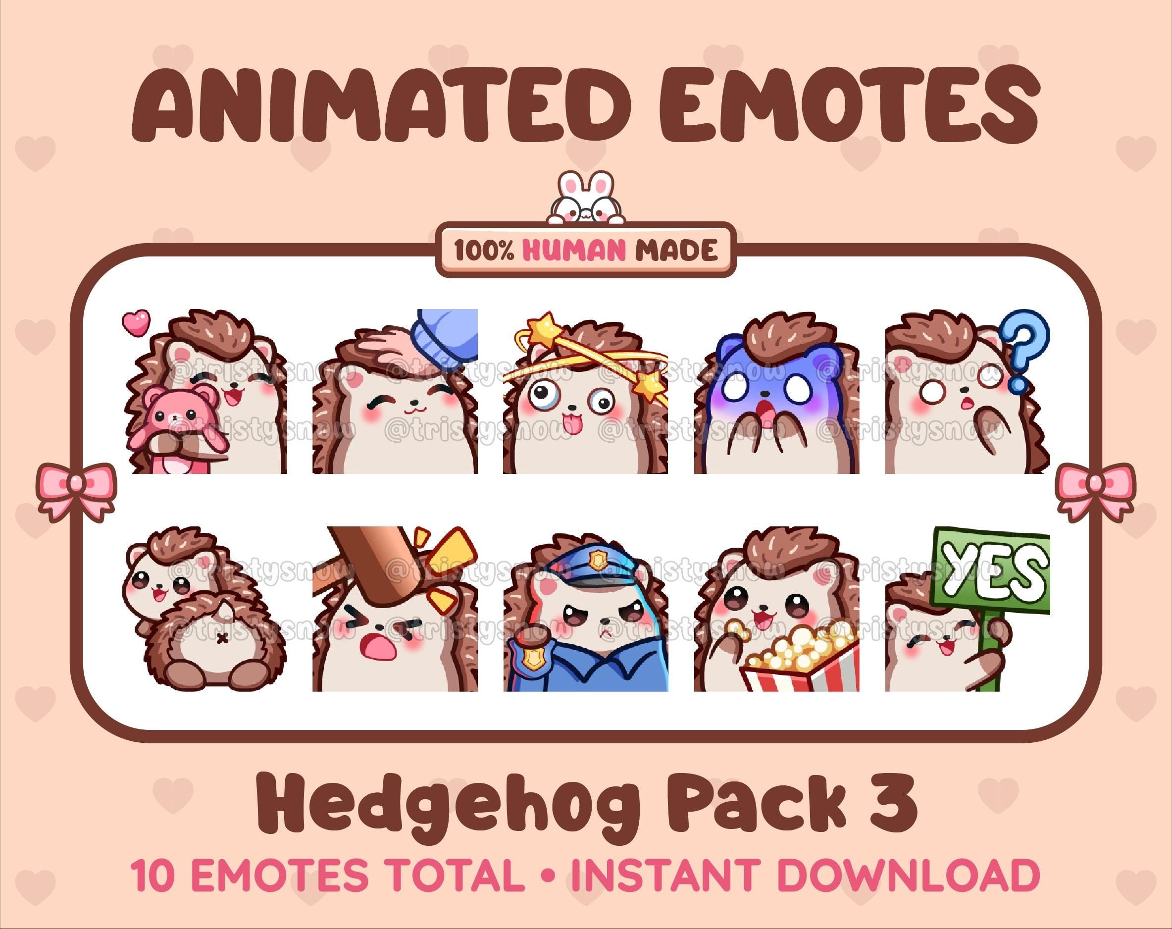 Hedgehog animated Twitch emote pack featuring 10 emotes including hug, scared, bonk, and popcorn.