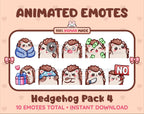 Hedgehog animated Twitch emote pack featuring 10 emotes including cozy, sus, panic, and shrug.