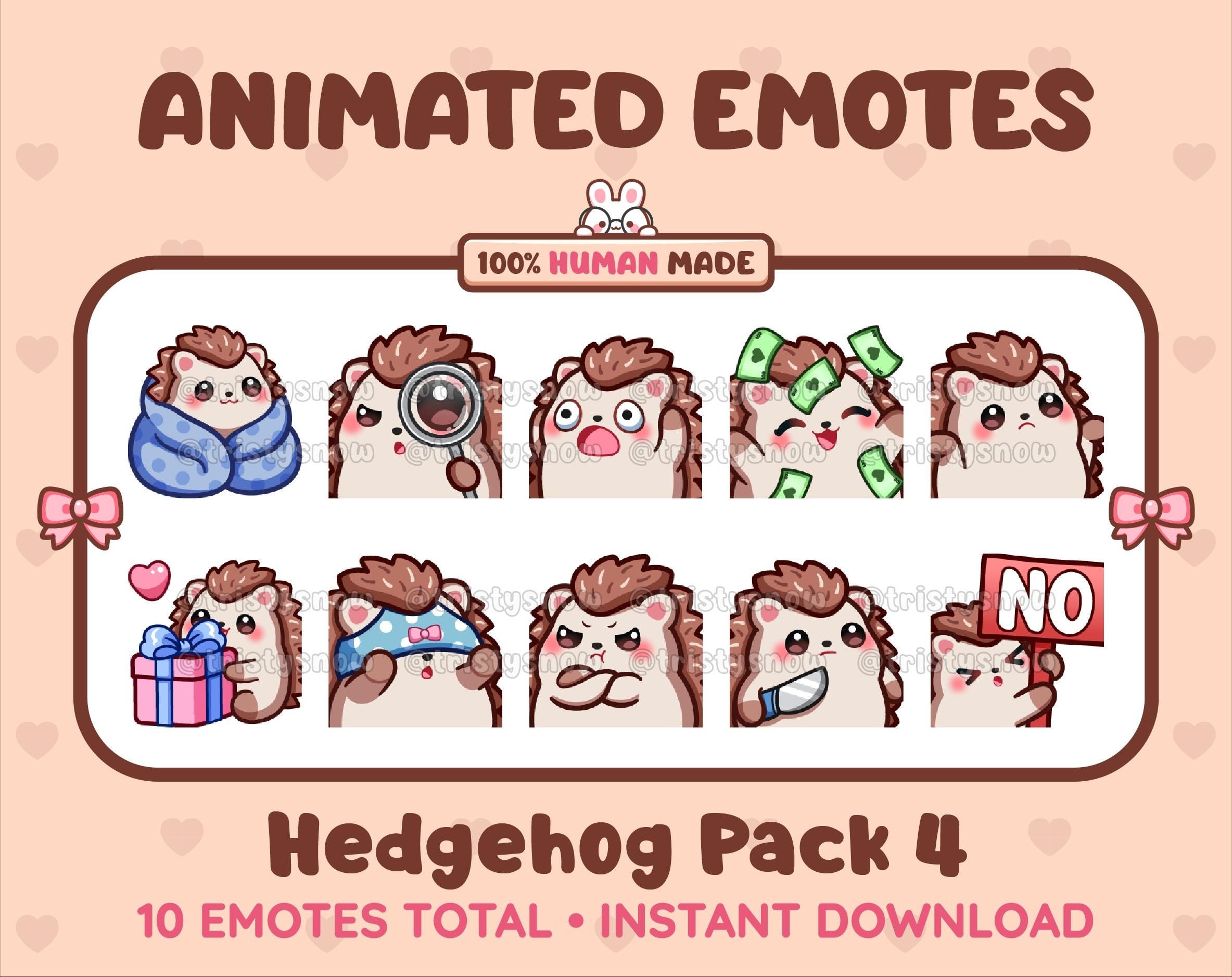 Hedgehog animated Twitch emote pack featuring 10 emotes including cozy, sus, panic, and shrug.